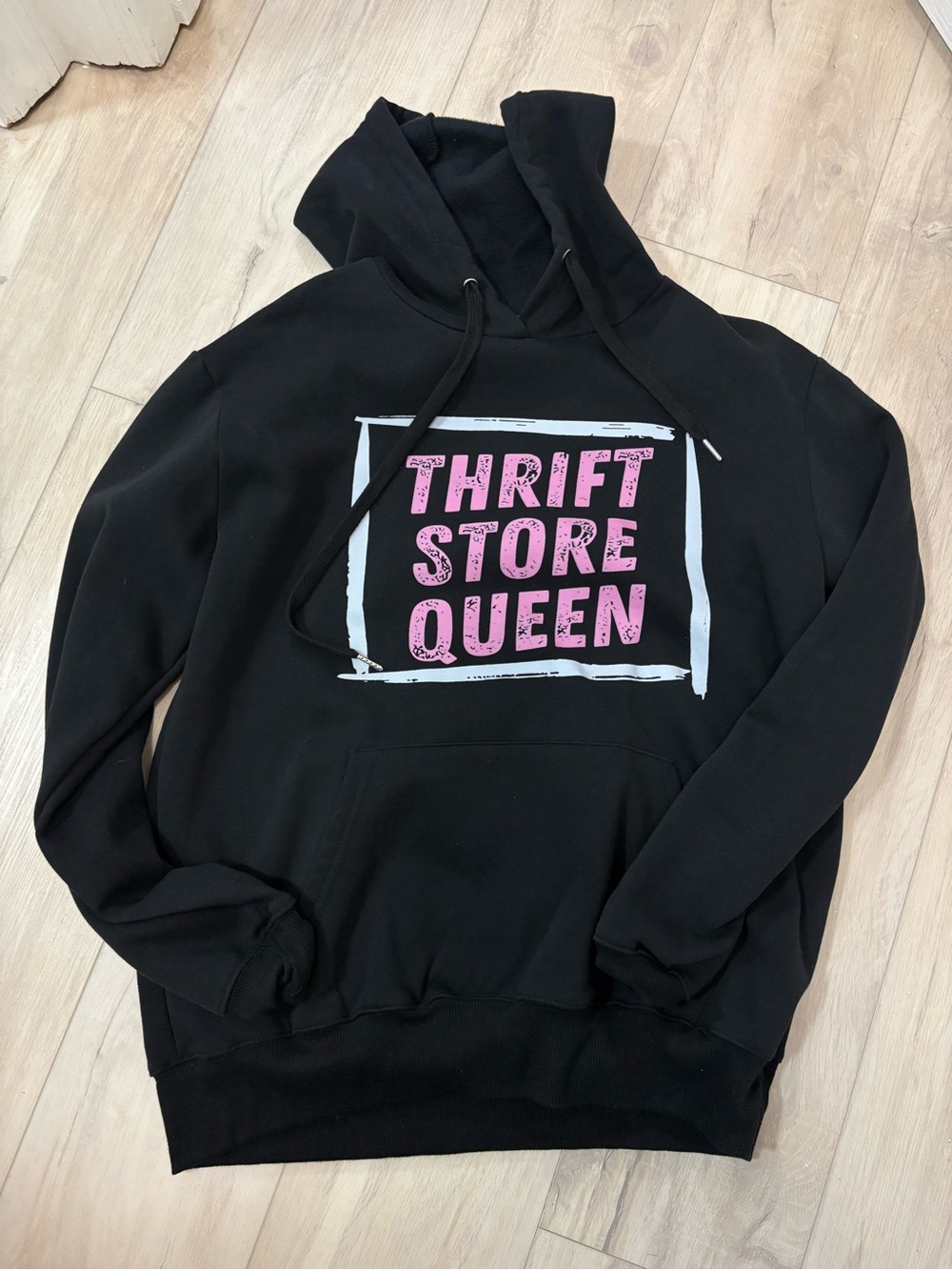 Thrift Store Queen Black Hoodie with Pink Graphic